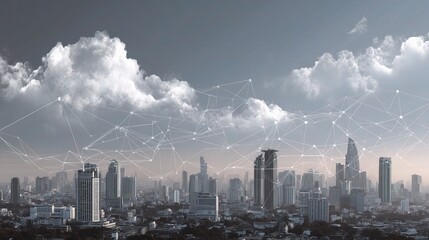 Urban Network Connections Over City Skyline with Technology Clouds