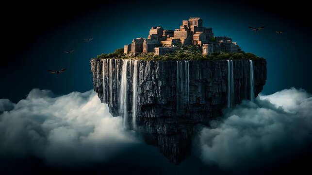 Aerial view of a floating island with a medieval village surrounded by waterfalls and clouds