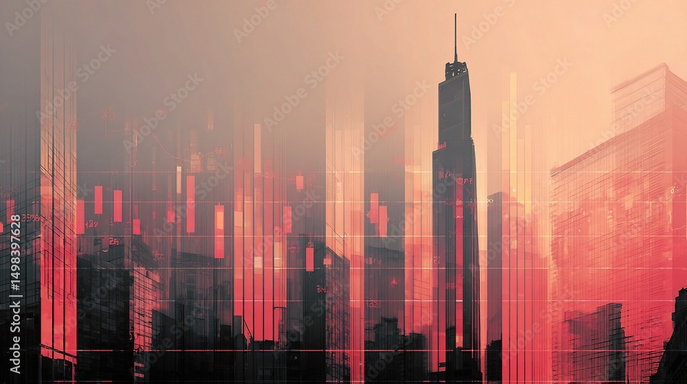 Poster abstract design with vertical charts and skyscraper in background