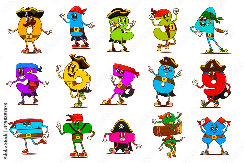 Fototapete Cartoon groovy math number pirate and corsair characters with hats and bandanas. Vector retro hippie mathematics personages of number pirates and math symbol corsairs. Groovy arithmetic filibusters