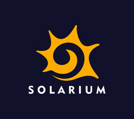 Solarium tan icon, summer beach sun symbol for tanning salons or wellness brands. Vector yellow sun with radiant rays and swirl pattern. Vector emblem of solar energy, spa, warmth and vitality