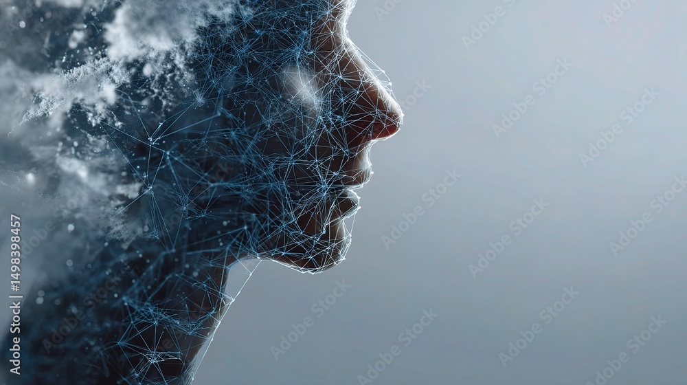 Poster human profile with neural network graphics and ai concepts