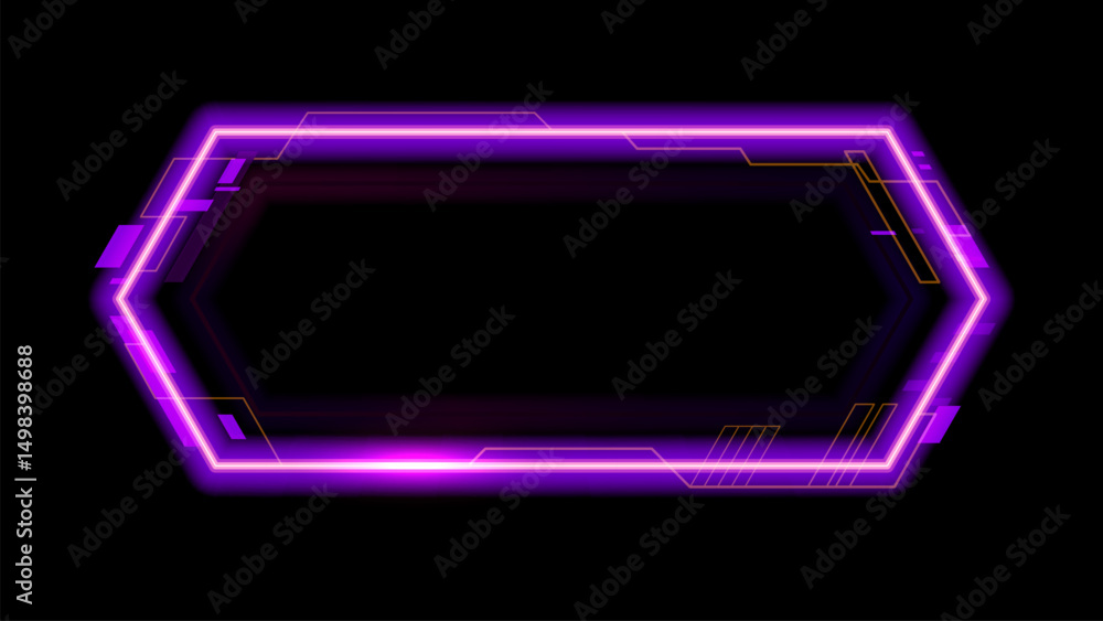 Aufkleber Purple neon game frame asset, HUD interface overlay template for gaming, streaming or high tech visual. 3d vector futuristic glowing cyberpunk hexagonal border, digital scifi callout title, call box