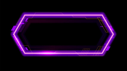 Purple neon game frame asset, HUD interface overlay template for gaming, streaming or high tech visual. 3d vector futuristic glowing cyberpunk hexagonal border, digital scifi callout title, call box