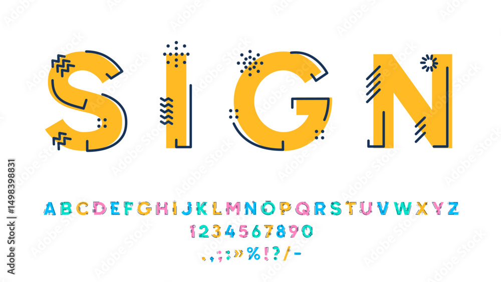 Poster outline geometric font, type or typeface. line alphabet. english abc futuristic figures and numbers,