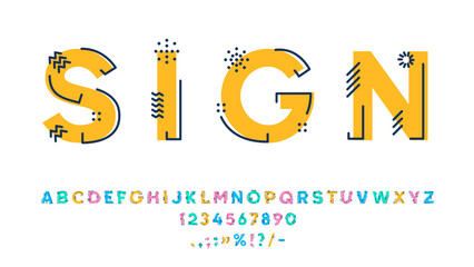 Obraz premium Outline geometric font, type or typeface. Line alphabet. English ABC futuristic figures and numbers, latin alphabet vector modern numeral and punctuation special symbols or outline font typeset