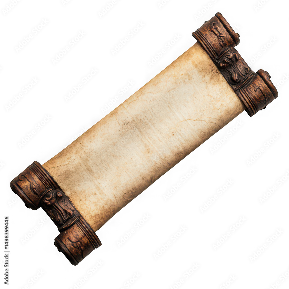 Poster ancient parchment scroll with wooden rollers isolated on transparent background