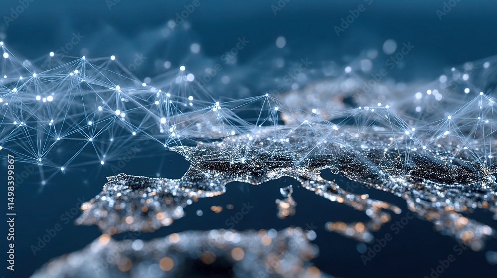 Poster global blockchain network diagram merging modern cities and technology
