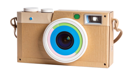  make-believe focus,  faux camera stage piece; oversized cardboard DSLR camera prop, matte finish, with painted highlights pretending to be glass