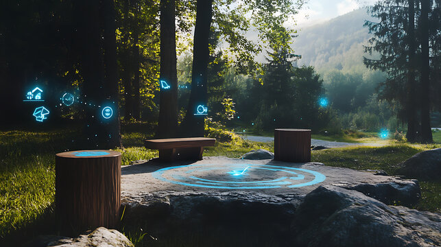 Forest Campsite with Futuristic Holographic Displays