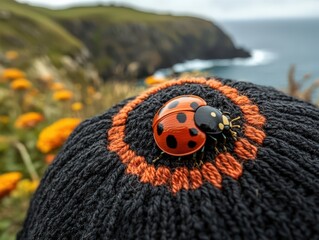 Obraz premium Bright orange ladybugs sit atop a textured black knitted fabric with a tranquil ocean view in the background creating a cheerful expression of summer holiday vibes and natures beauty