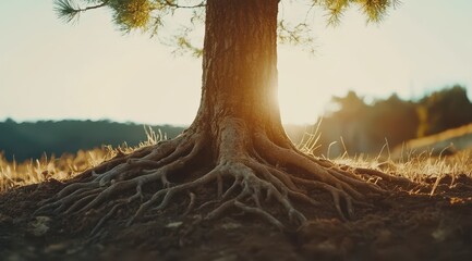 Sunlit tree trunk and exposed roots on a hillside at sunset, showcasing the tree's strong foundation