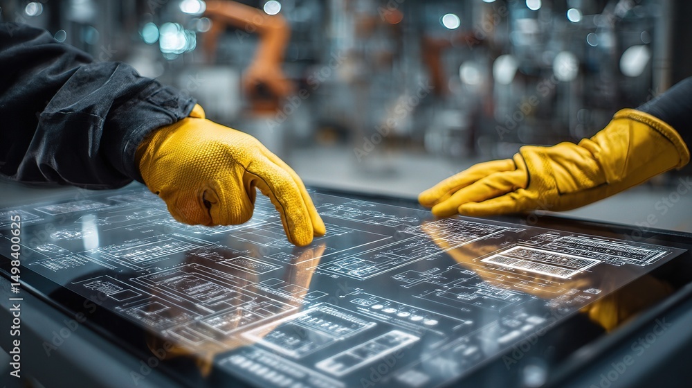 Poster operators wearing gloves interacting with touchscreen in factory setting