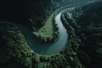 Aerial View Of Winding River Through Lush Green Forest