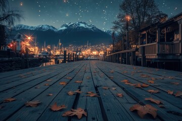 Starry night over a harbor town, wooden dock strewn with autumn leaves, mountains in the background.