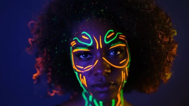 Woman with vibrant neon face paint under blacklight in studio setting  