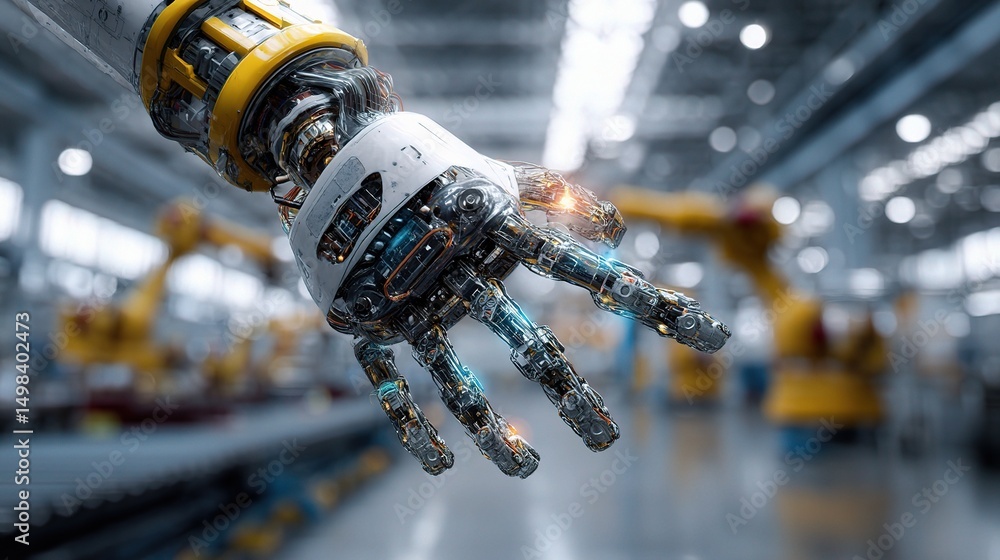 Poster industrial robot hand controlling mechanism in modern factory setting