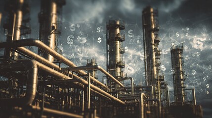 Complex Network of Pipes with Dollar Signs on a Dark Background