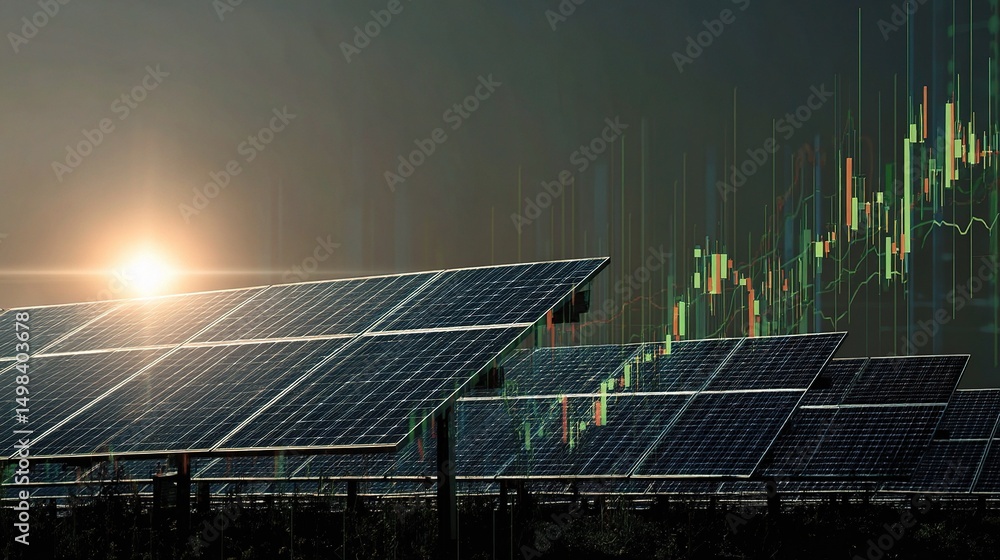 Poster solar panel array with green energy trend visualization in background