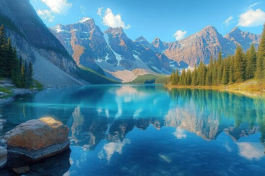 Calm turquoise mountain lake surrounded by pine trees and rugged snow-capped peaks under a bright blue sky with scattered clouds