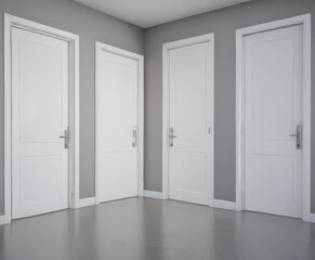 Many white doors, open/closed, bright setting ,  doors,  home