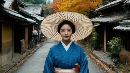 Fototapeta premium Elegant Woman in Kimono Walking Historic Kyoto Street