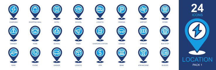 Locations Icons set vector illustration. Containing placeholder, maps and location, navigation, pin, gps and more. Simple solid icons collection.