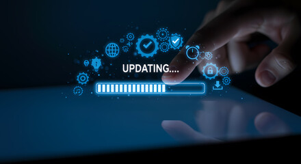 Digital Progress Bar Displaying "Updating..." with Tech Icons