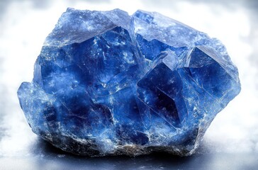 Obraz premium Close-up of a vibrant blue crystal with sharp edges and translucent surfaces reflecting light on a blurred white background