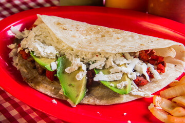 This vibrant taco features seasoned meat, fresh avocado, and crumbled cheese, served in a soft tortilla on a bright red plate, perfect for a satisfying meal.