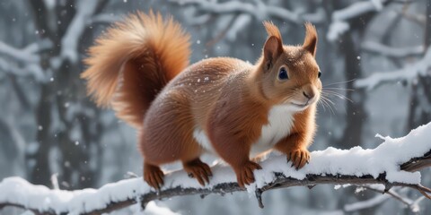 Fluffy red squirrel leaps through snowy branches, winter wonderland, adorable, focus, photography