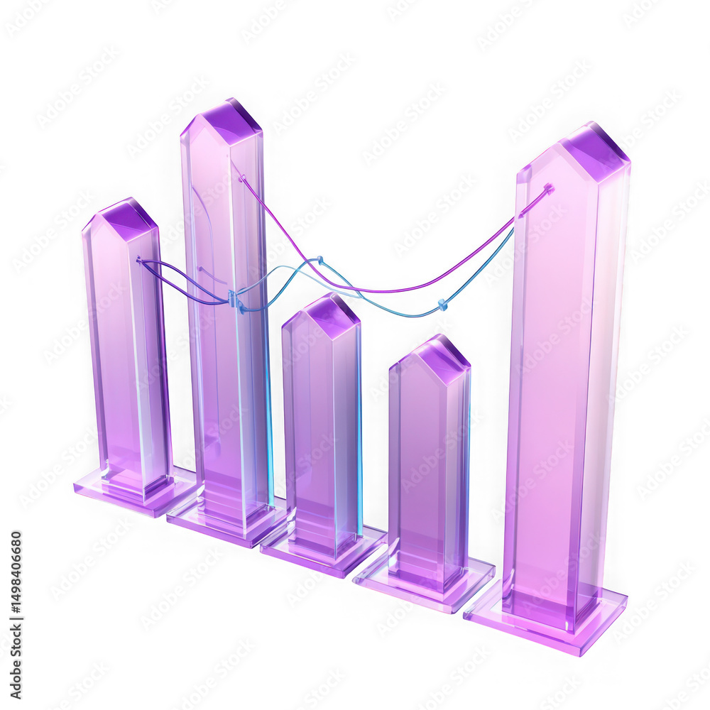 Poster 3d glass bar graph chart showing growth isolated on transparent background. purple bar chart with ar