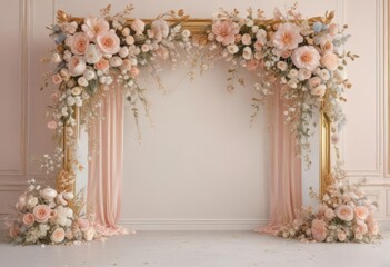 Soft pastel floral wedding backdrop, gilded details, stylish, delicate, flower