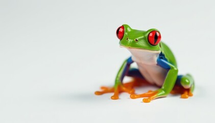 Obraz premium Single red-eyed tree frog on white, striking eyes, closeup, colorful, jungle