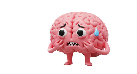 3D cartoon of anxious brain character with nervous expression sweat drop, white background