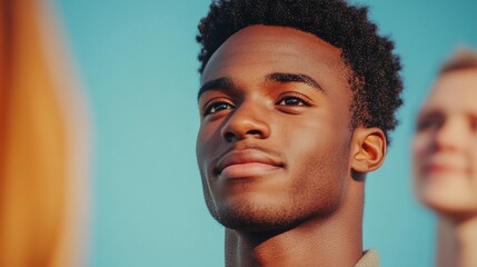 Obraz premium Portrait of confident smiling young Black man standing among group, symbolizing teamwork and collaboration