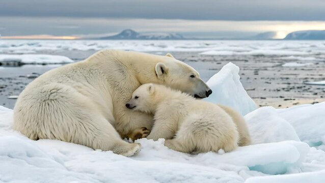 Polar bear with cubs resting on ice floe in arctic environment