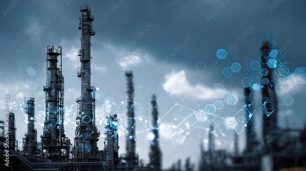 Poster petrochemical towers with blockchain data visualization concept
