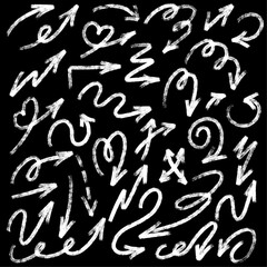 Grunge chalk textured bold arrows set. Pointer brush stroke symbol. Pencil charcoal freehand direction. Scribble curve, round, zigzag sketch arrow. Doodle hand drawn isolated vector illustration