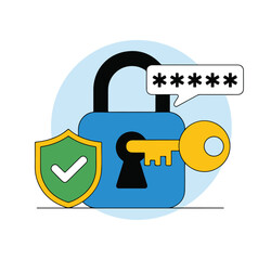 Cybersecurity Icon – Open Padlock with Password, Key, and Shield Symbol for Safe Login and Data Protection in Flat Design