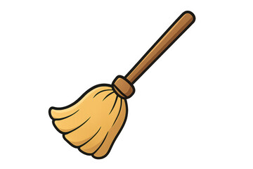 Simple cartoon broom illustration featuring a vibrant yellow and brown color scheme, isolated on a transparent background for versatile use