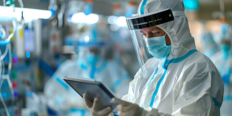 Medical Professional in Full PPE Using Digital Tablet in Intensive Care Unit During Pandemic  
