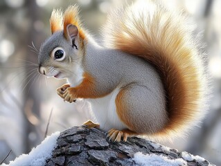 Fototapeta premium close-up of a fluffy squirrel with bushy tail sitting on a snow-dusted tree branch in a soft light forest background