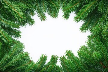 Frame of green fir tree branches forming a border with white empty space in the center, evoking fresh and natural winter or holiday atmosphere