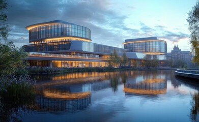 modern futuristic office buildings with glass facades illuminated at dusk reflecting in calm water, surrounded by trees and peaceful lakeside environment