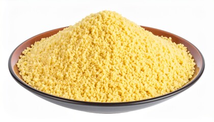 Fresh couscous grains in bowl isolated on white background with full depth of field for Moroccan staple or healthy grain concept