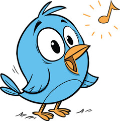 Cartoon blue bird singing a musical note with big eyes and an open beak on a white background art