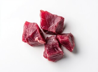 Four cubed pieces of raw beef on a white surface