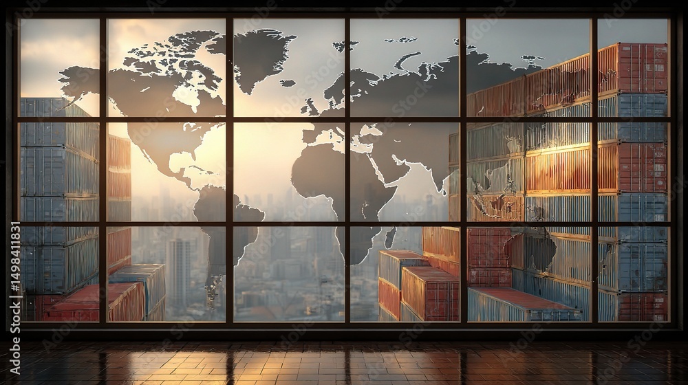 Aufkleber industrial office window with container view and world map background