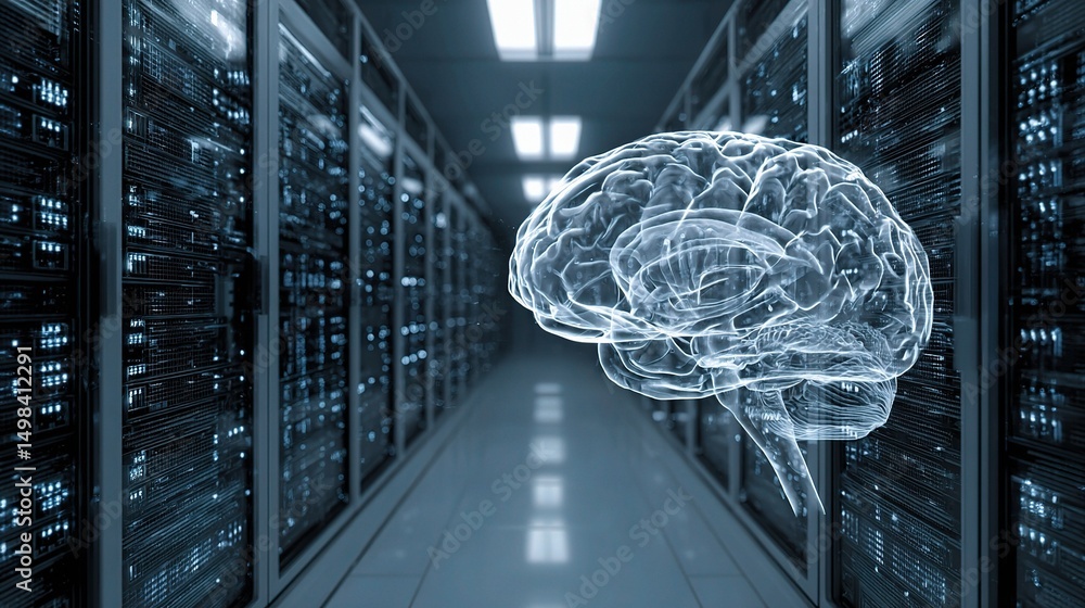Poster digital brain concept with server racks and data infrastructure